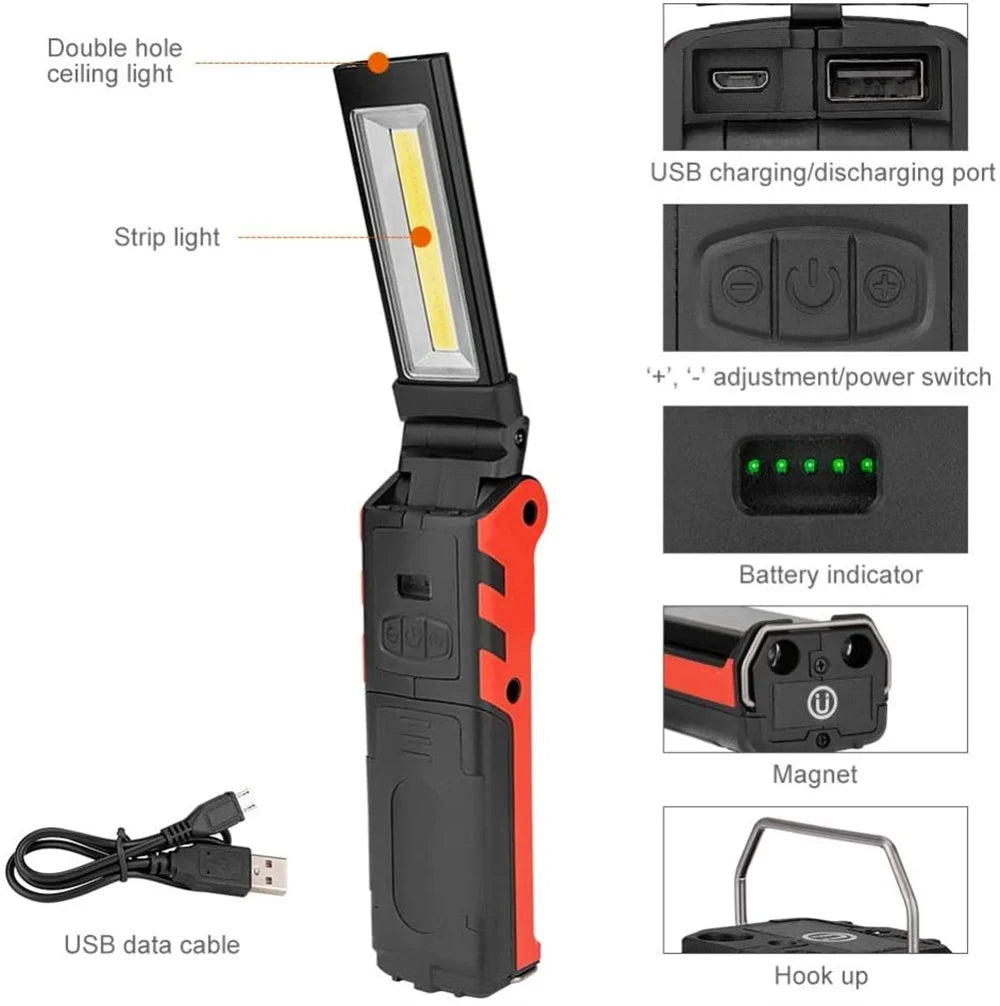 Rechargeable LED Work Light COB Magnetic Folding 270° Inspection Lamp Torch Hook Garage Camping Light