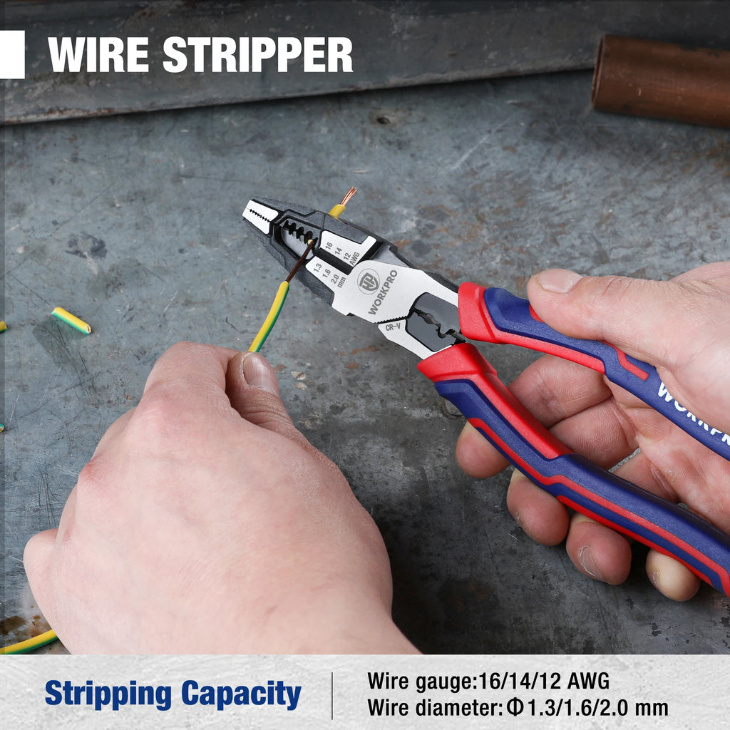WORKPRO 8" Linesman Pliers – CR-V Heavy Duty Wire Cutter & Stripper with Comfort Grip Handles