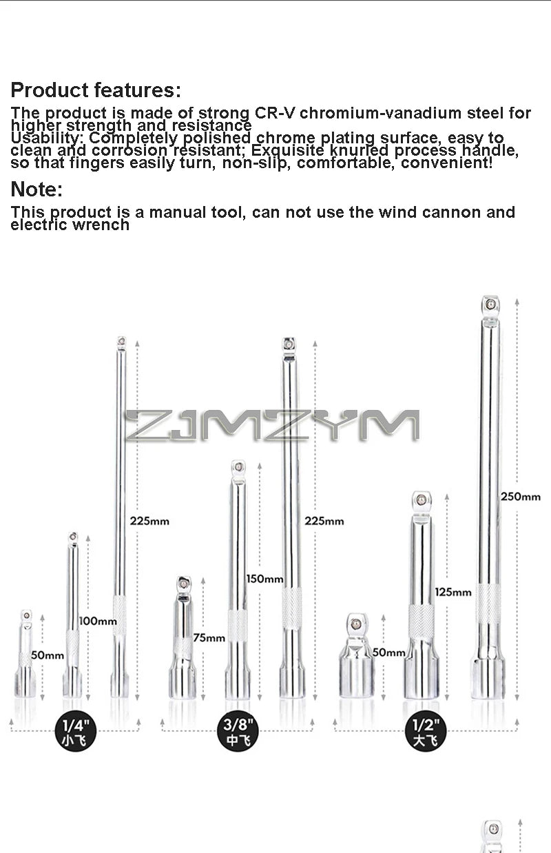 9Pc Ball Head Extension Bar Set CR-V Steel Socket Extensions Flexible Drive (LC6650)
