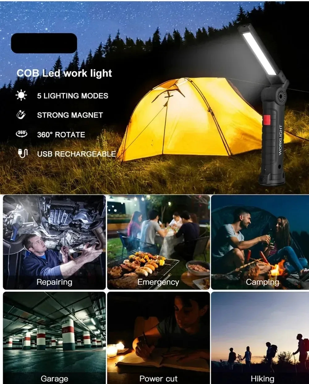 Rechargeable LED Work Light Flashlight w/ Magnetic Base, Foldable Portable Lamp, Waterproof, High/Low Modes
