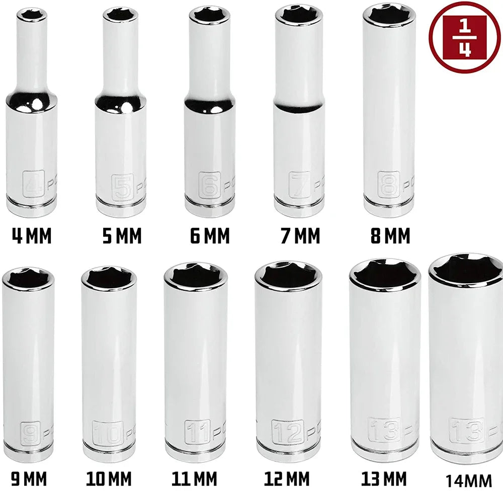 11pcs Metric Long Chrome Socket Set 1/4-Inch Drive 6-Point Deep Socket From 4 Mm To 14 Mm Professional Grade