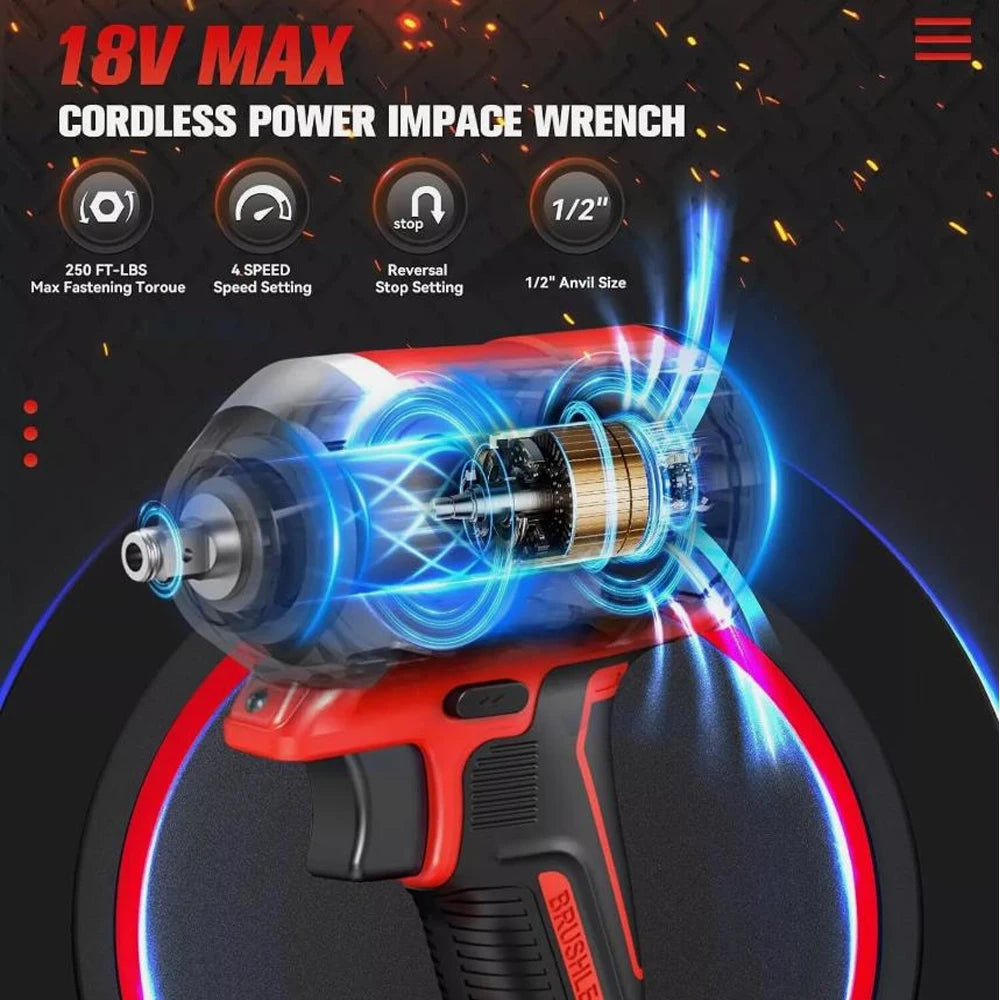 500N.m (370ft-lbs) Brushless Impact Wrench 1/2" Cordless Electric Gun Compatible Milwaukee 18V Battery Tool