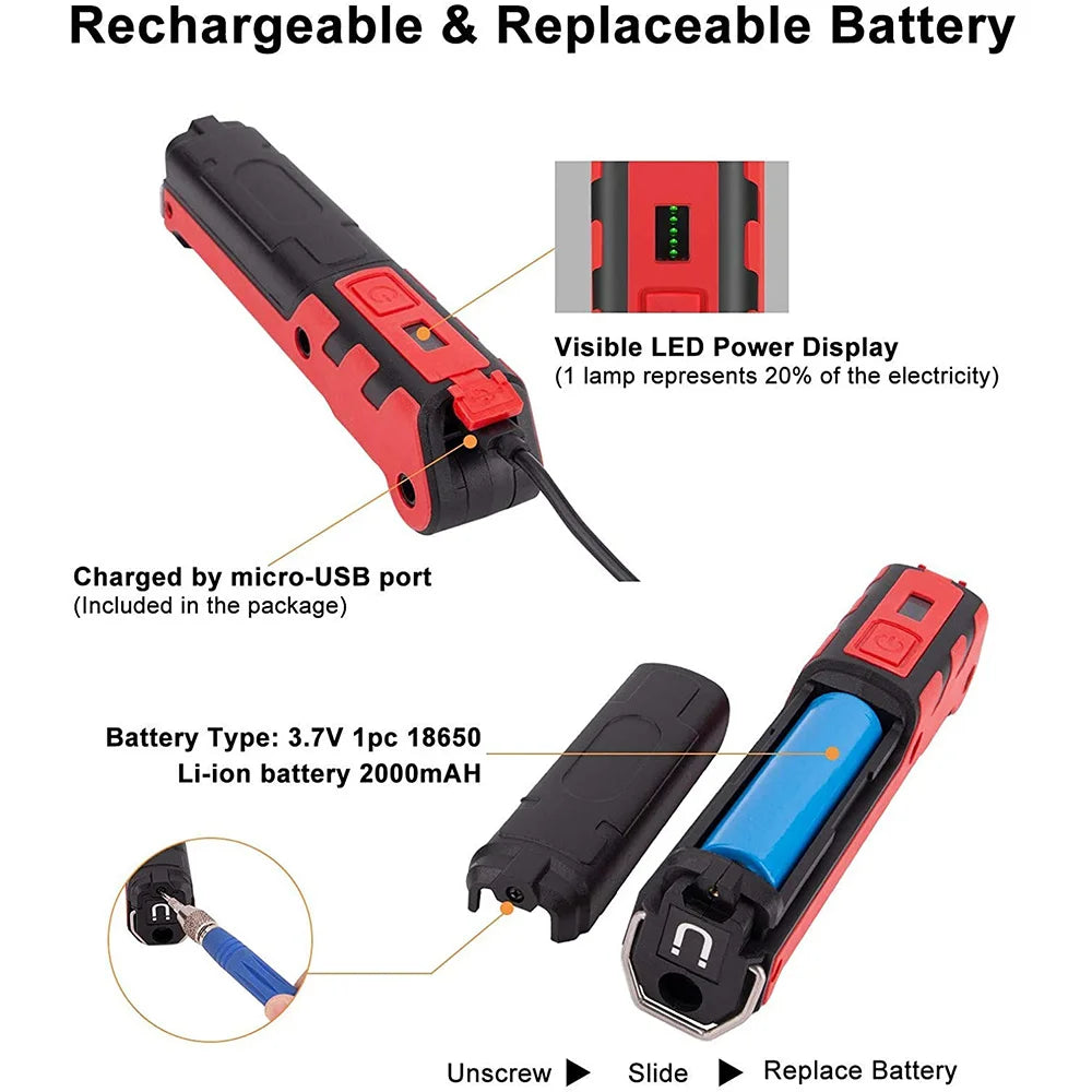 Rechargeable LED Work Light COB Magnetic Folding 270° Inspection Lamp Torch Hook Garage Camping Light