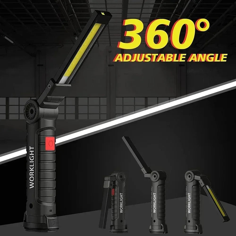 Rechargeable LED Work Light Flashlight w/ Magnetic Base, Foldable Portable Lamp, Waterproof, High/Low Modes