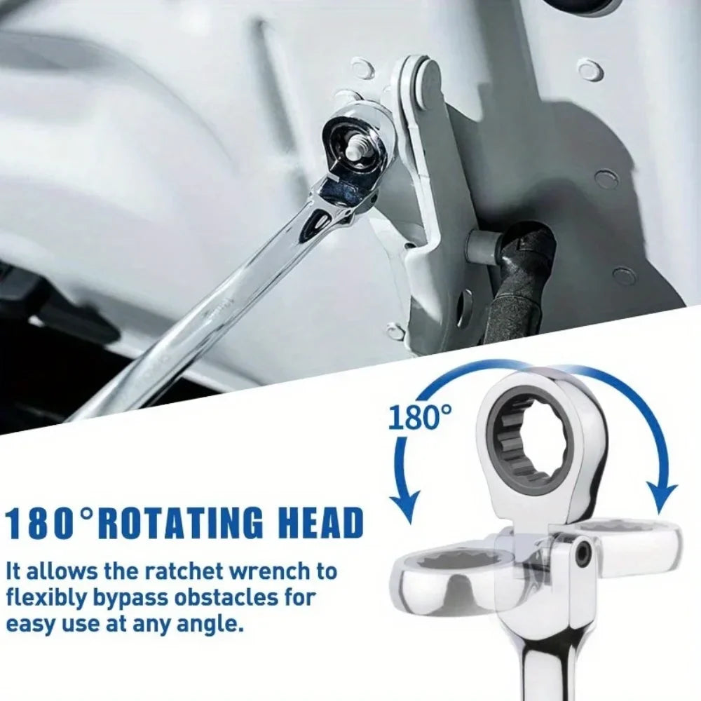 Flexible Head Ratcheting Wrench Double Box End Cr-V Steel Long Reach Auto Repair Tool