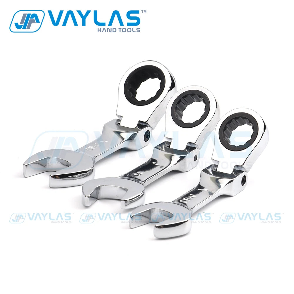 Stubby Ratcheting Wrench | Fixed & Flex Head | 72-Tooth CR-V Steel | 6–19mm