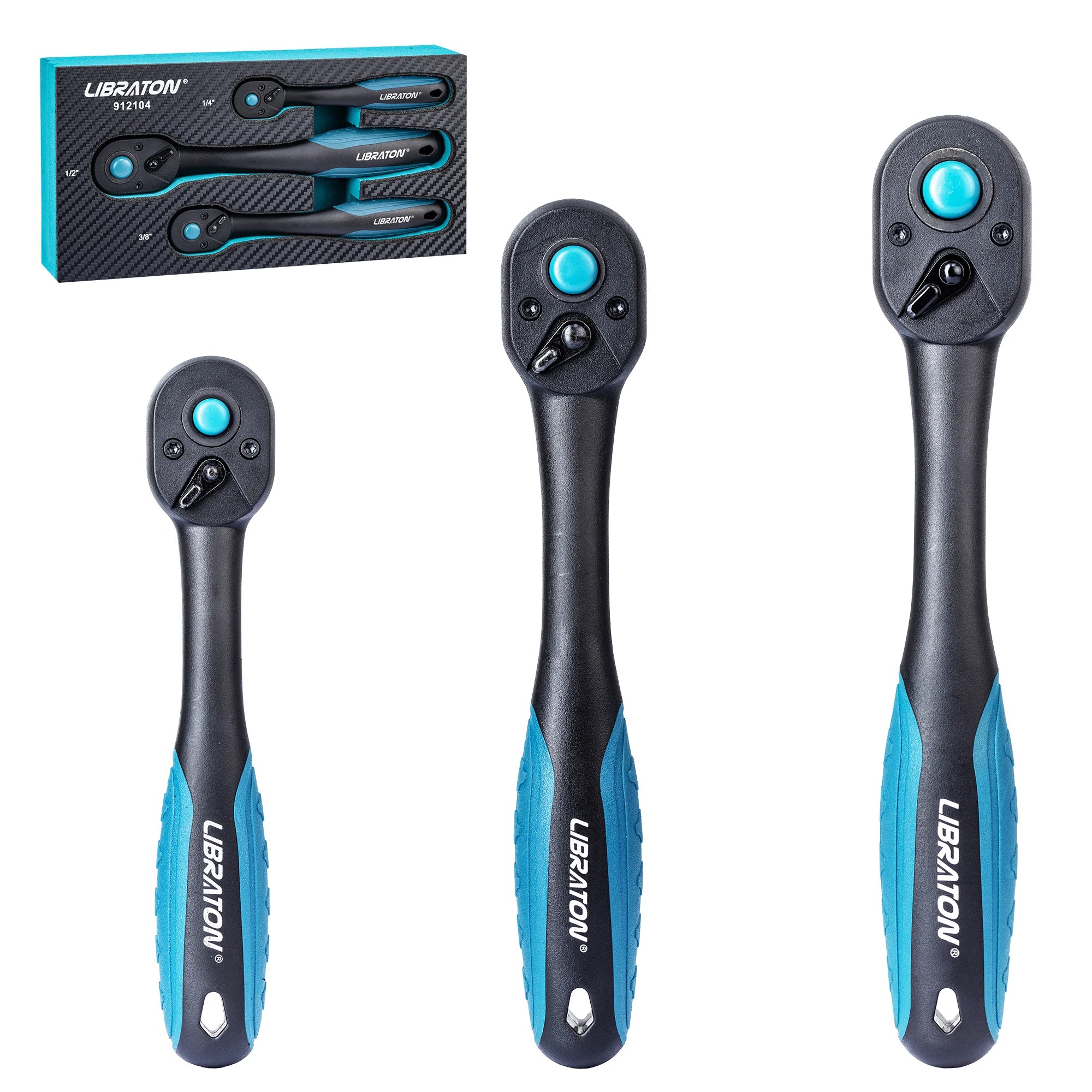 LIBRATON 3-Piece Ratchet Wrench Set | 1/4” 3/8” 1/2” Drive, 72-Tooth Quick Release Chrome Vanadium Steel with EVA Organizer