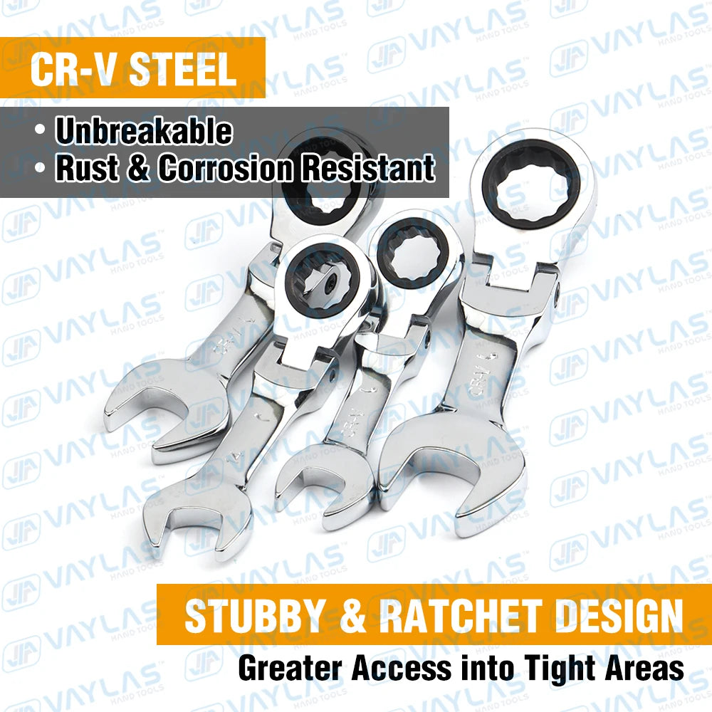 Stubby Ratcheting Wrench | Fixed & Flex Head | 72-Tooth CR-V Steel | 6–19mm