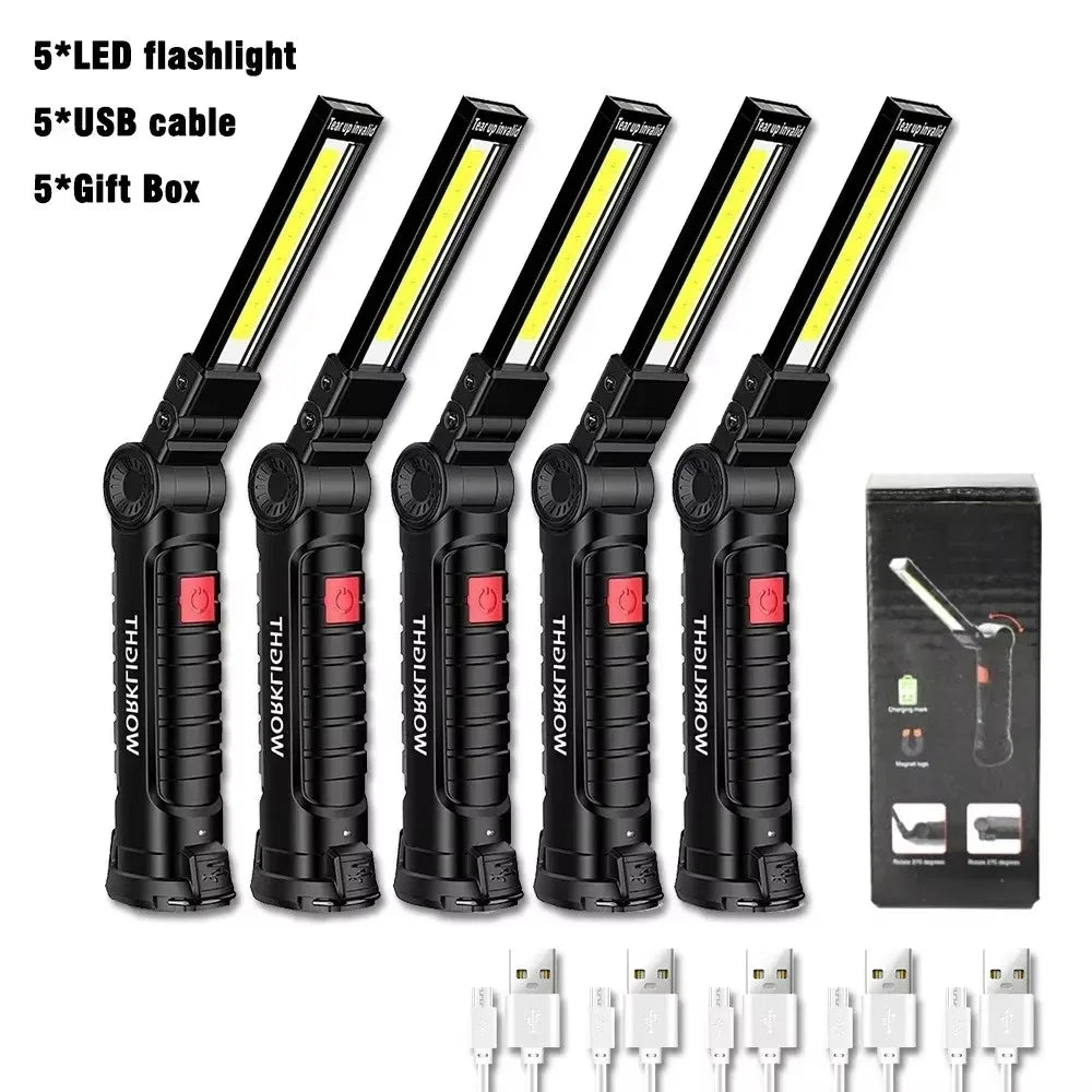 Rechargeable LED Work Light Flashlight w/ Magnetic Base, Foldable Portable Lamp, Waterproof, High/Low Modes