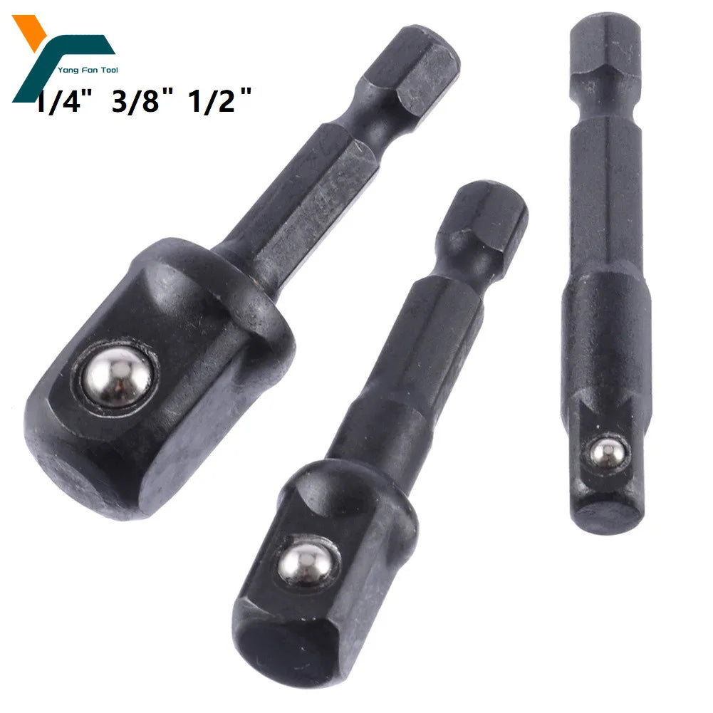 3Pc Drill Socket Adapter Set 1/4 3/8 1/2 Impact Extension Bar Hex Shank Cr-V Nut Driver Kit