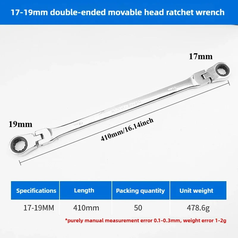 Flexible Head Ratcheting Wrench Double Box End Cr-V Steel Long Reach Auto Repair Tool