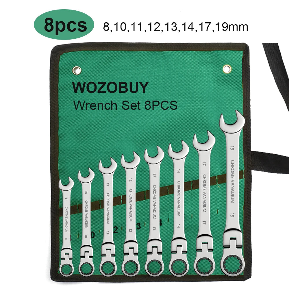 Ratcheting Flex-Head Wrench Set 8-22mm Combination With Canvas Bag