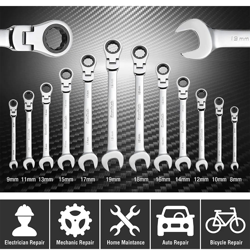 Binoax 6–24mm Flexible Head Ratchet Wrench Set Cr-V Combination Spanner Dual End Auto Repair Tool