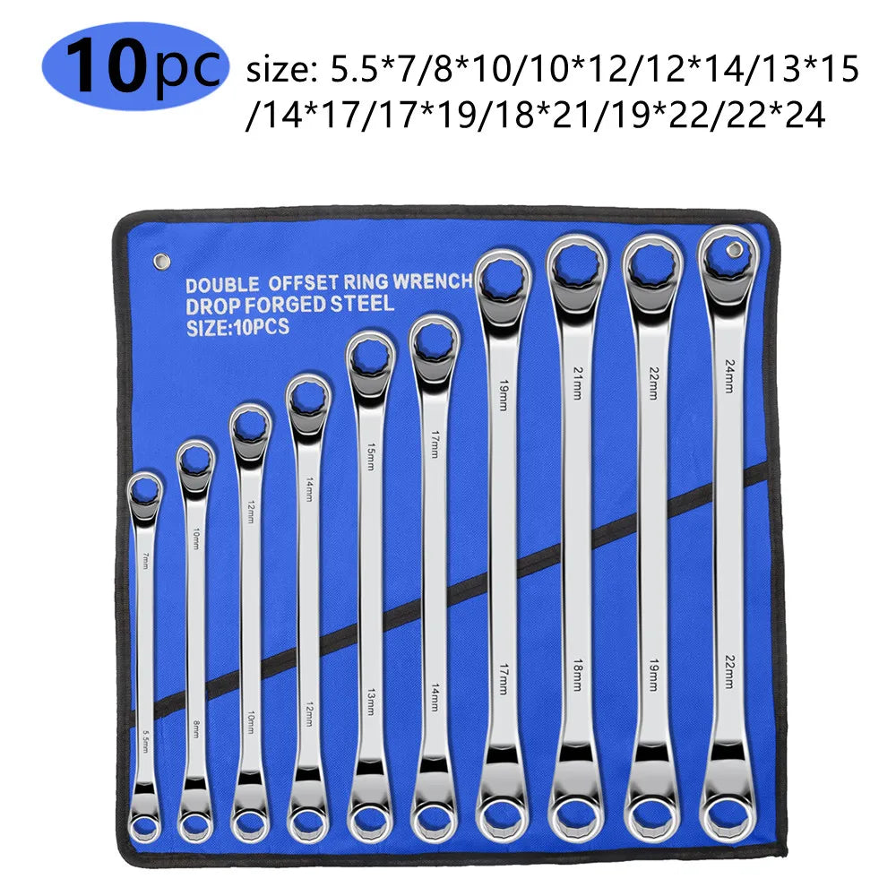 Metric Offset Box End Wrench Set (4–10 Pc) – CR-V Chrome Steel 12-Point Spanners w/ Roll-Up Pouch