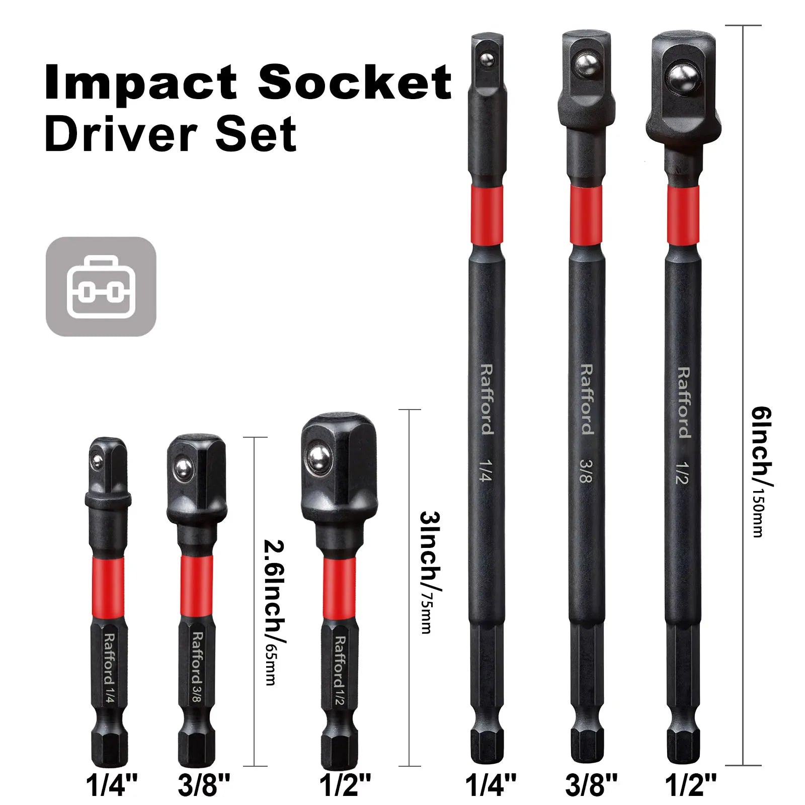 Rafford Impact Socket Adapter Set | 1/4” 3/8” 1/2” Drive Chrome Vanadium Steel Converter Kit for Drill & Ratchet Tools