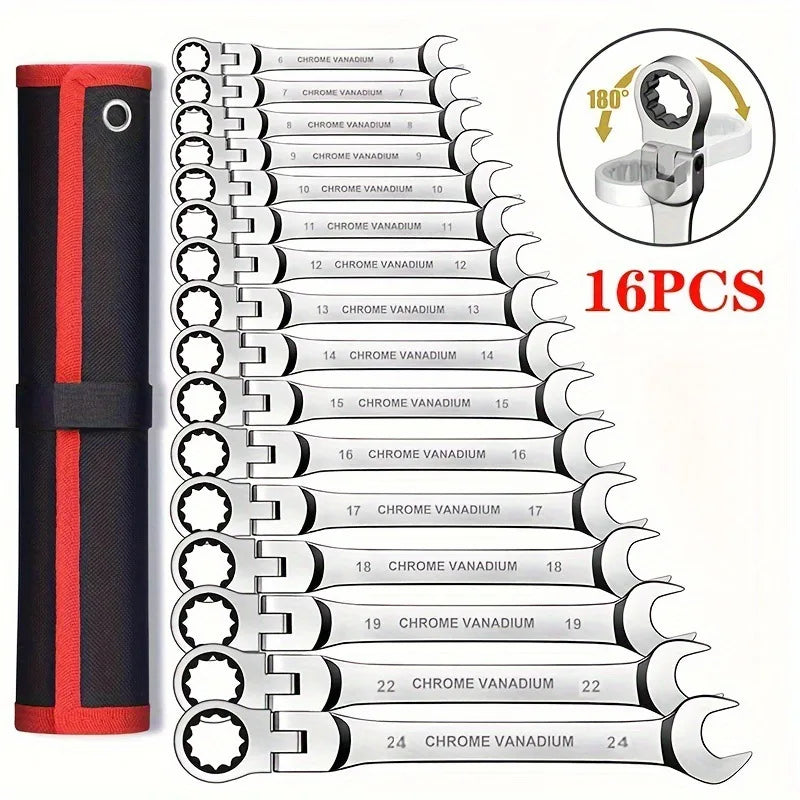 16-Piece Ratchet Handle Wrench Set – CR-V Chrome Steel Dual-End Multifunctional Hand Tools for Workshop & Automotive