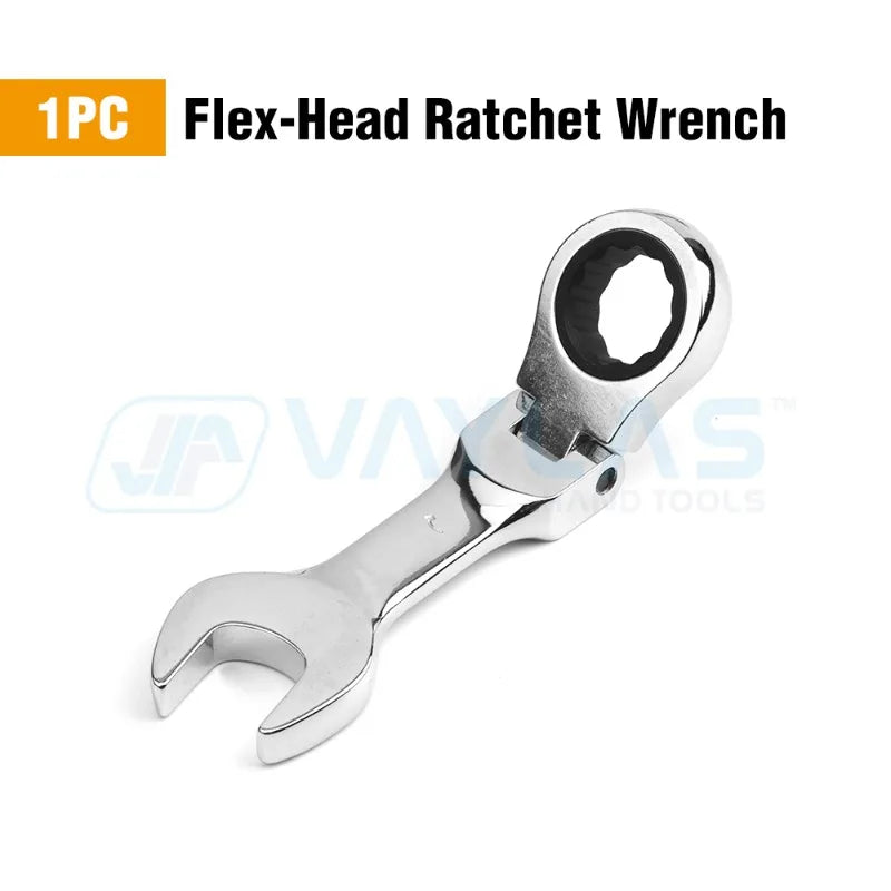 Stubby Ratcheting Wrench | Fixed & Flex Head | 72-Tooth CR-V Steel | 6–19mm