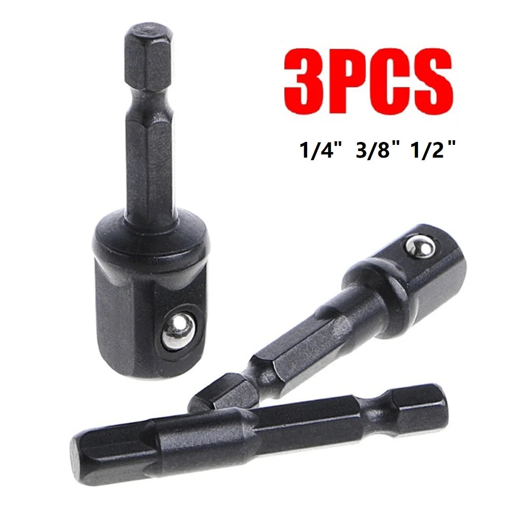 3Pc Drill Socket Adapter Set 1/4 3/8 1/2 Impact Extension Bar Hex Shank Cr-V Nut Driver Kit