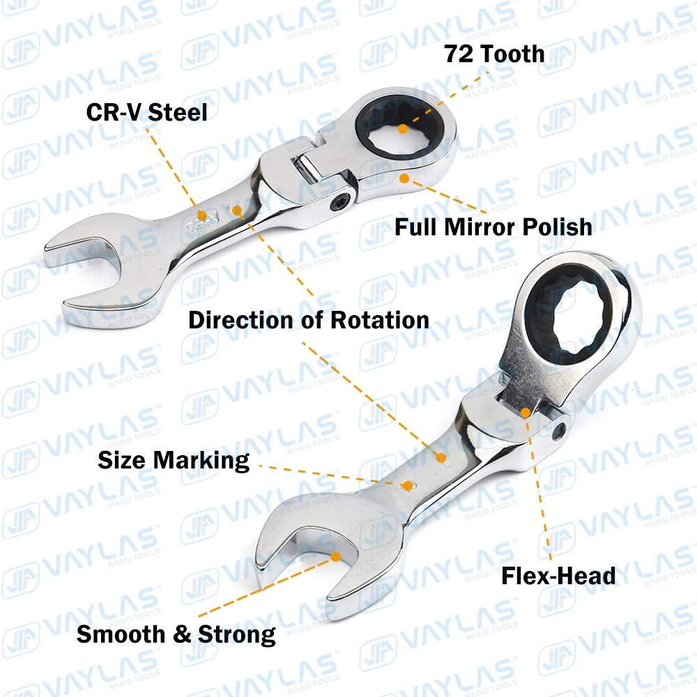 Stubby Ratcheting Wrench | Fixed & Flex Head | 72-Tooth CR-V Steel | 6–19mm