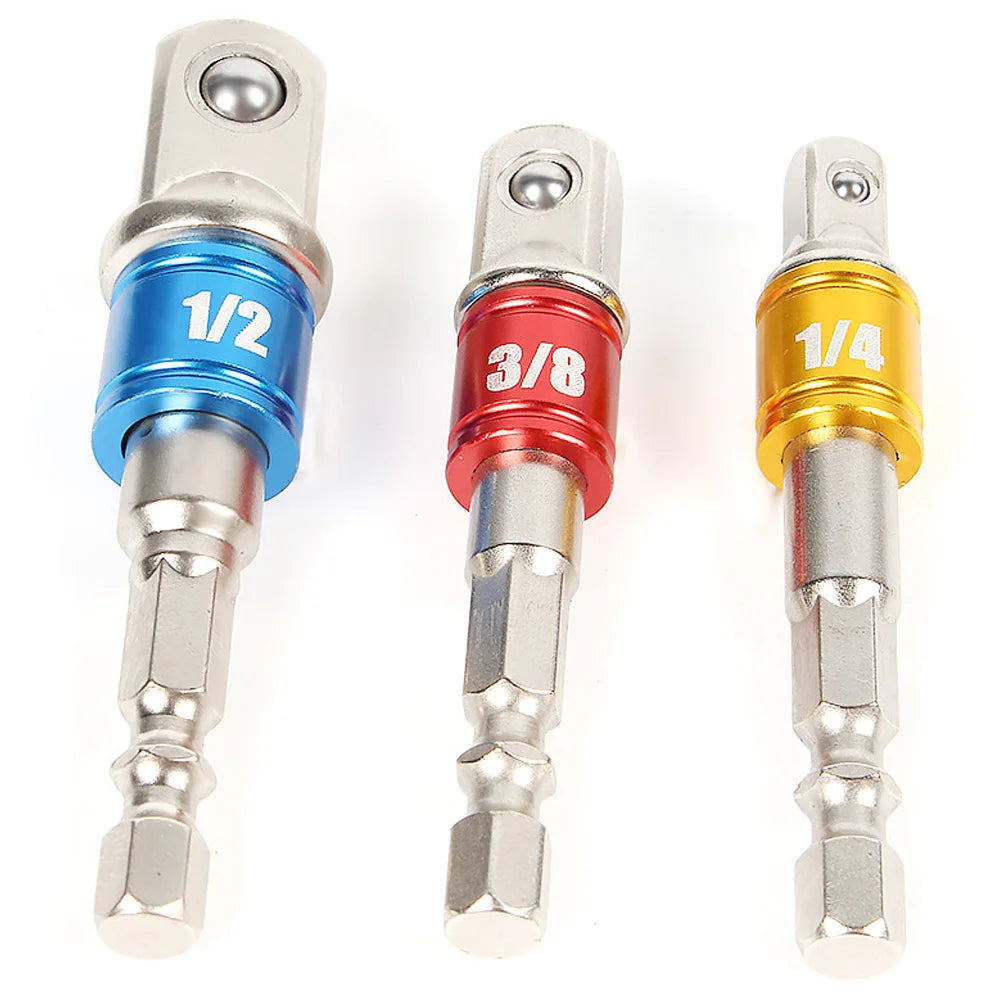 1 to 3PC Hex Drill Socket Adapter Set, 1/4", 3/8" and 1/2"