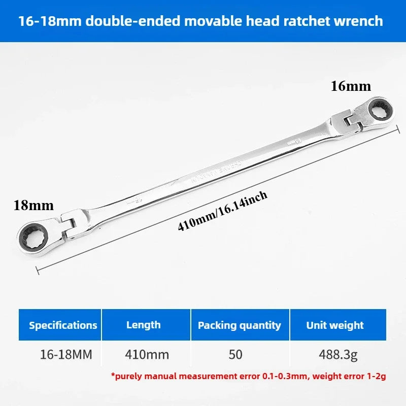 Flexible Head Ratcheting Wrench Double Box End Cr-V Steel Long Reach Auto Repair Tool