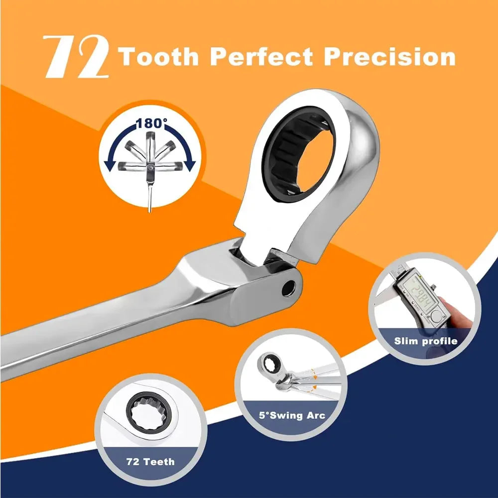 Binoax 6–24mm Flexible Head Ratchet Wrench Set Cr-V Combination Spanner Dual End Auto Repair Tool