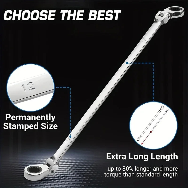 Flexible Head Ratcheting Wrench Double Box End Cr-V Steel Long Reach Auto Repair Tool
