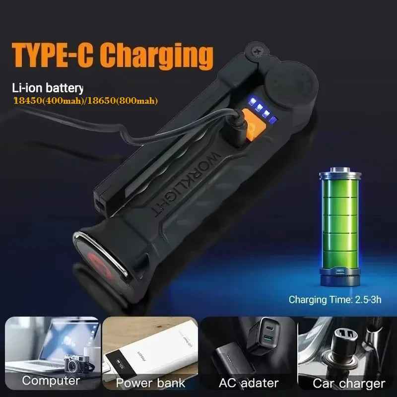 Rechargeable LED Flashlight Work Light with Magnet & Hook, Waterproof!