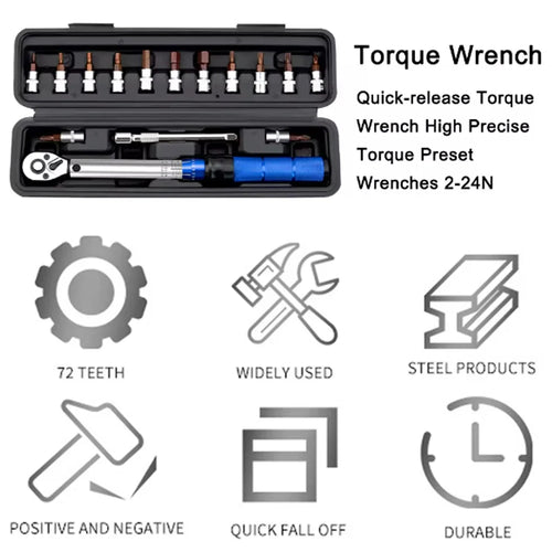 1/4” Drive Adjustable Torque Wrench Set (2–24N·m) | 72-Tooth CR-V Steel Precision Ratchet Kit with 13 Bits & Storage Case