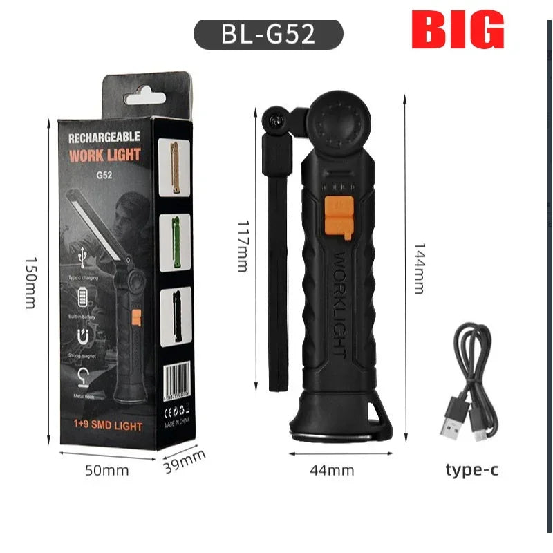 Large Rechargeable LED Flashlight Work Light with Magnet & Hook, Waterproof!