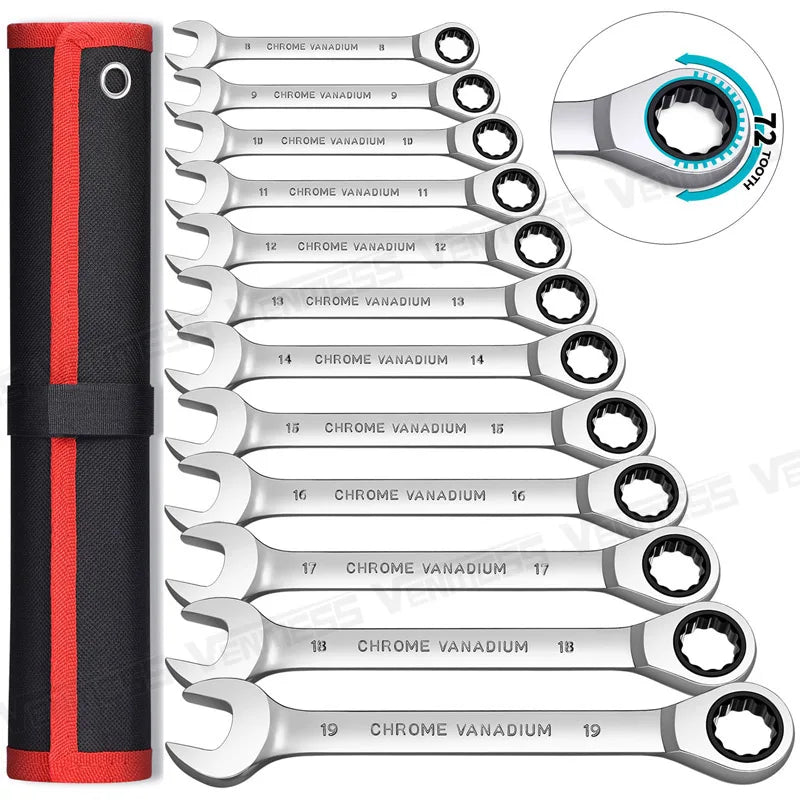Venmess 12-Point Ratcheting Wrench Set | Metric Set 8–22mm CR-V Steel Garage & Automotive Repair Tool Kit