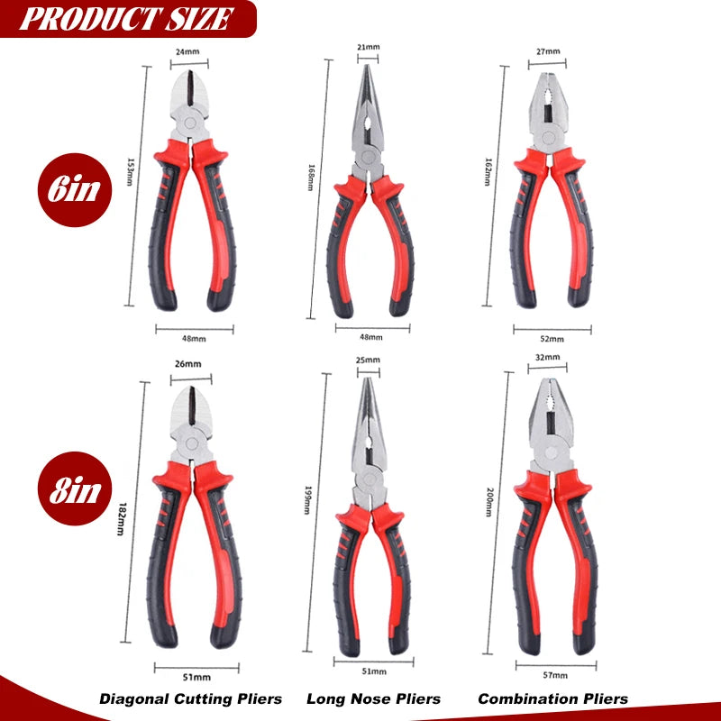 6" & 8" Heavy Duty Wire Pliers – Large Opening Multifunction Cutting, Twisting & Gripping Tool for Electrical & Industrial Use