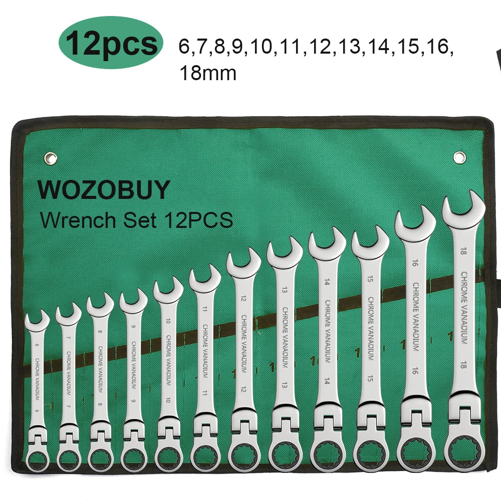 Ratcheting Flex-Head Wrench Set 8-22mm Combination With Canvas Bag
