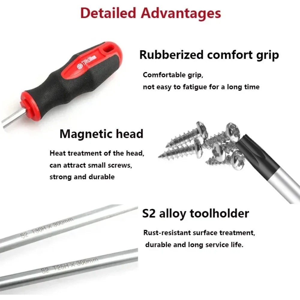 15.7” Extra Long Torx Magnetic Screwdriver Set | S2 Steel Tamper Proof T15–T30 Precision Automotive Repair Tool