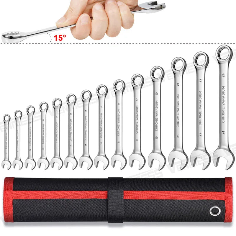 Metric Combination Wrench Set (7–14 Pc) CR-V Steel 8–24mm Spanner Set w/ Roll-Up Pouch for Auto Repair & Mechanics