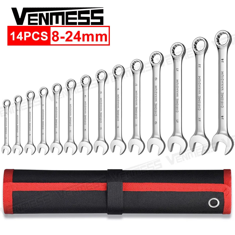 Metric Combination Wrench Set (7–14 Pc) CR-V Steel 8–24mm Spanner Set w/ Roll-Up Pouch for Auto Repair & Mechanics