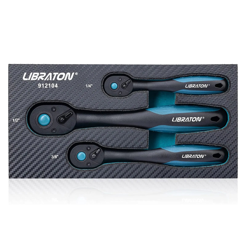 LIBRATON 3-Piece Ratchet Wrench Set | 1/4” 3/8” 1/2” Drive, 72-Tooth Quick Release Chrome Vanadium Steel with EVA Organizer
