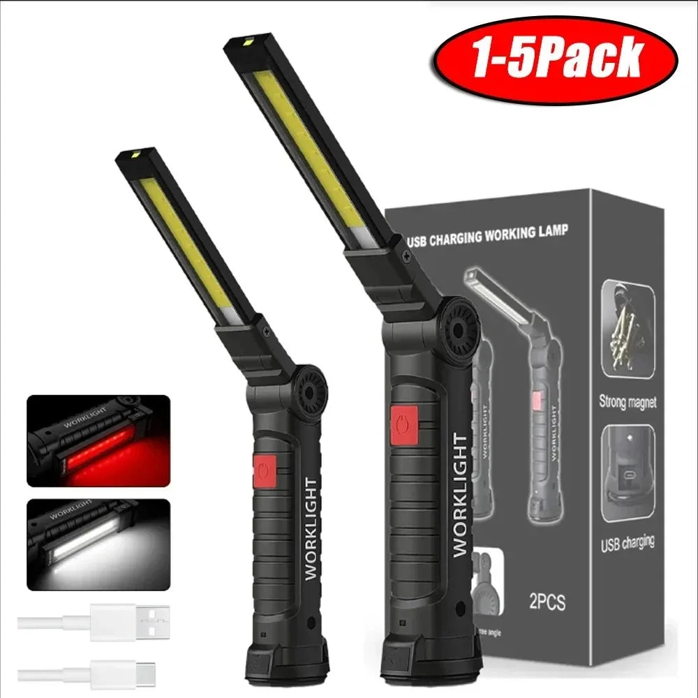 Rechargeable LED Work Light Flashlight w/ Magnetic Base, Foldable Portable Lamp, Waterproof, High/Low Modes