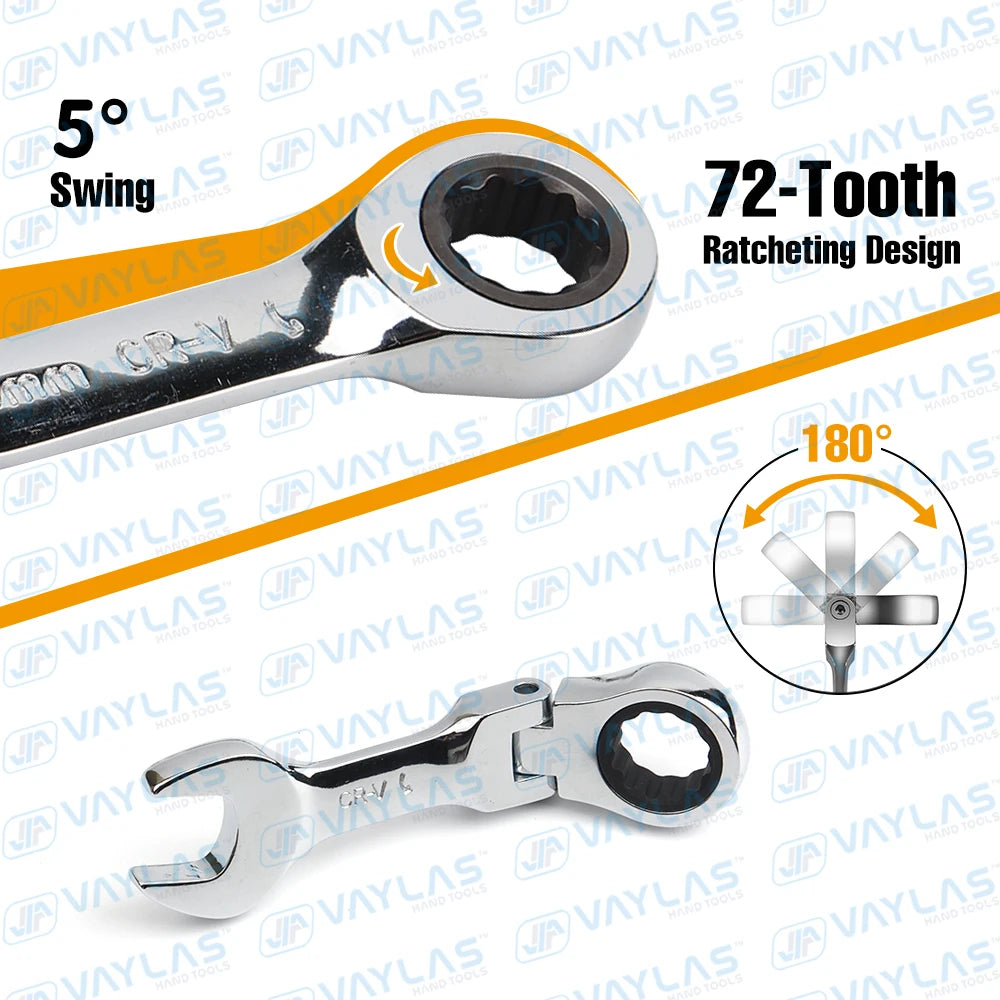 Stubby Ratcheting Wrench | Fixed & Flex Head | 72-Tooth CR-V Steel | 6–19mm