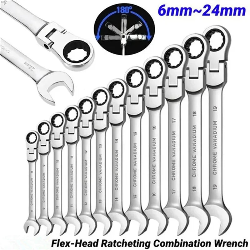 Flex Head Ratcheting Wrench Metric (6mm–18mm) – CR-V 72 Tooth Gear Spanner Combination Tool for Auto Repair & Mechanics