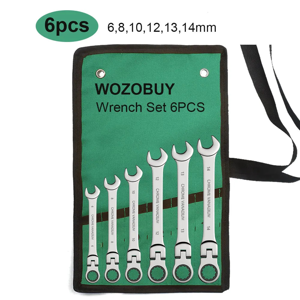 Ratcheting Flex-Head Wrench Set 8-22mm Combination With Canvas Bag