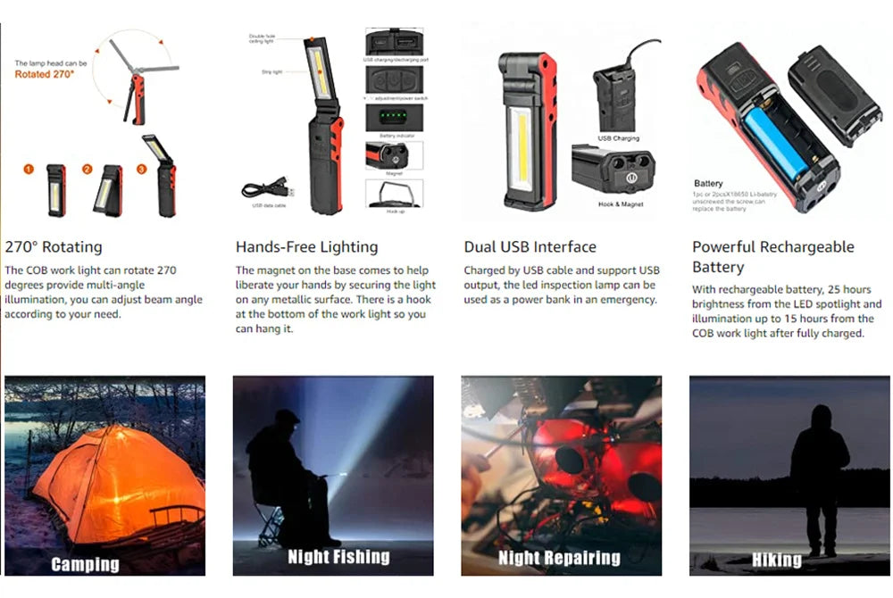 Rechargeable LED Work Light COB Magnetic Folding 270° Inspection Lamp Torch Hook Garage Camping Light