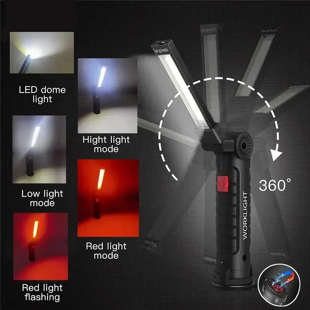 Rechargeable LED Work Light Flashlight w/ Magnetic Base, Foldable Portable Lamp, Waterproof, High/Low Modes