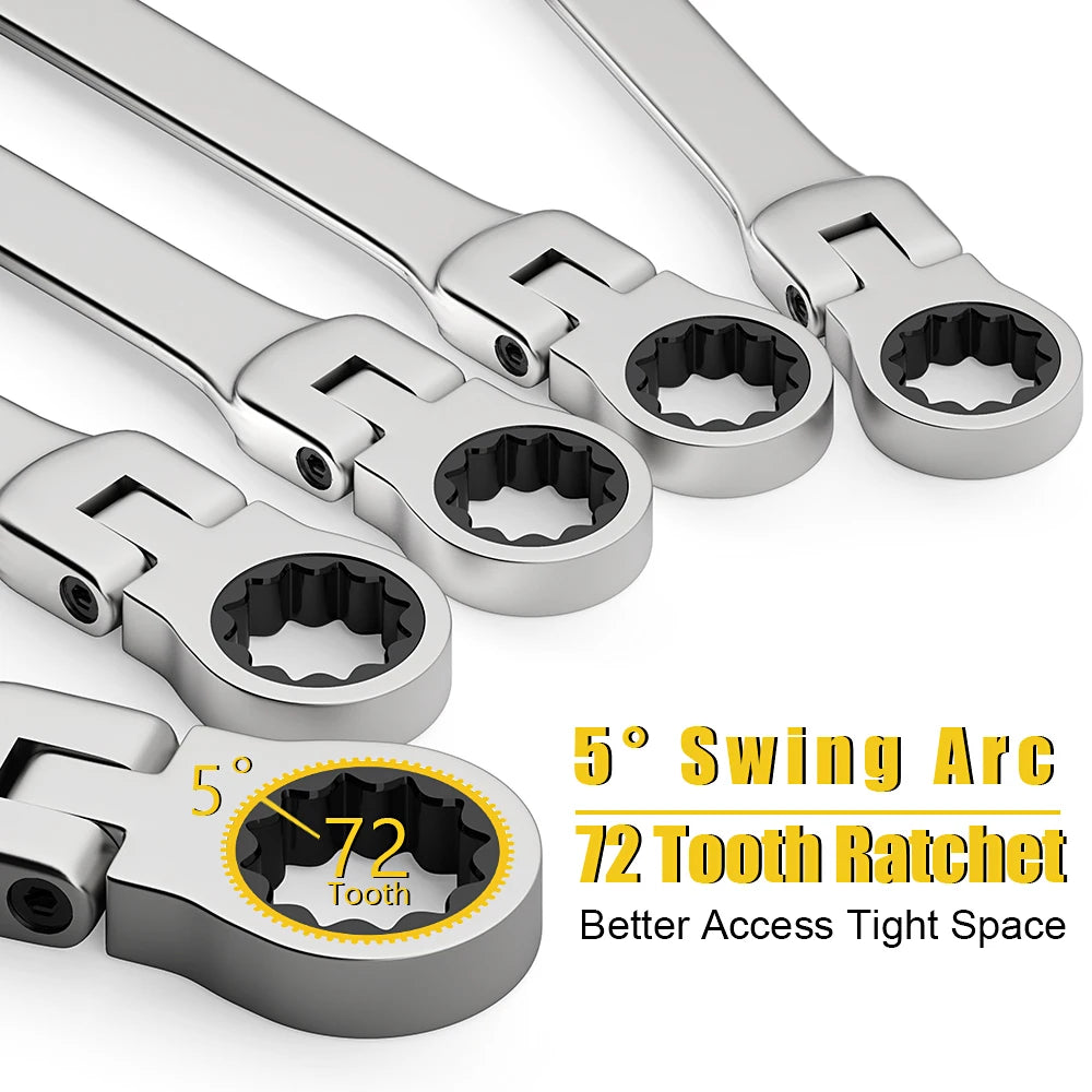 Ratcheting Flex-Head Wrench Set 8-22mm Combination With Canvas Bag