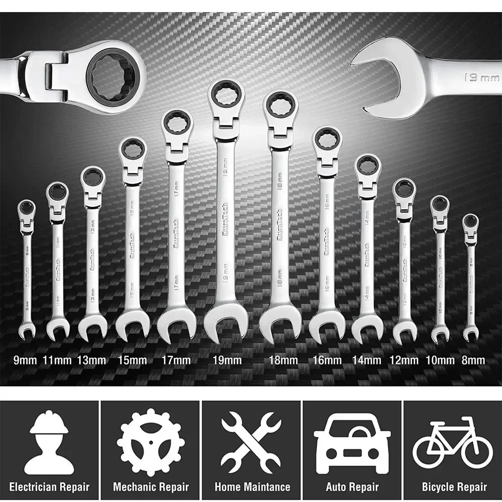 Binoax 6–24mm Flexible Head Ratchet Wrench Set Cr-V Combination Spanner Dual End Auto Repair Tool