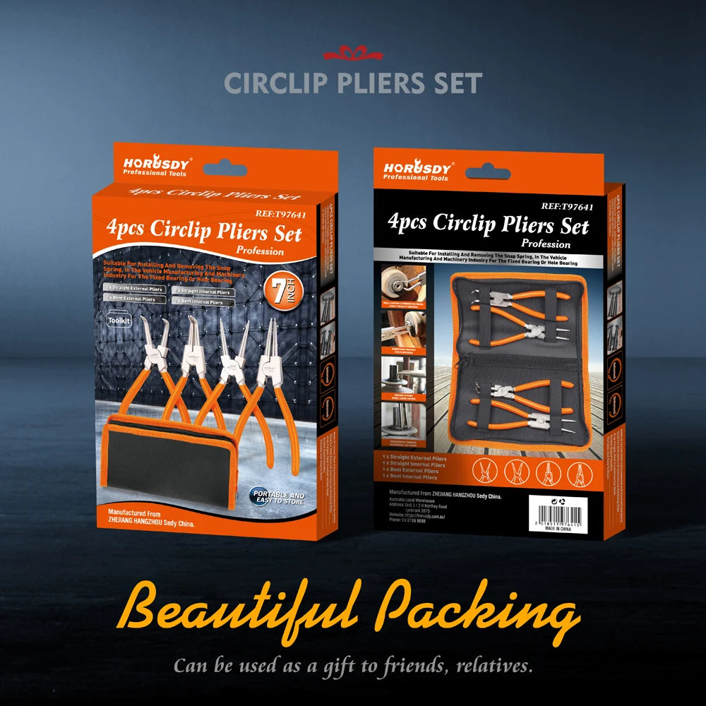 4Pc Snap Ring Pliers Set 7” Internal External Circlip Pliers Bent Straight Tip with Storage Bag