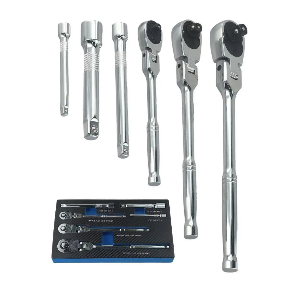 6-Piece Flex Head Ratchet Wrench Set | 72-Tooth Chromium Vanadium Steel | 1/4” 3/8” 1/2” Drive Swivel Ratchet Kit With Foam