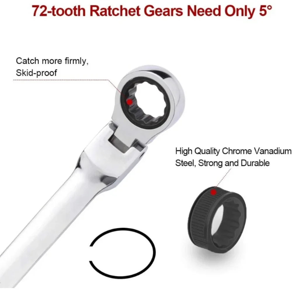Flexible Head Ratcheting Wrench Double Box End Cr-V Steel Long Reach Auto Repair Tool
