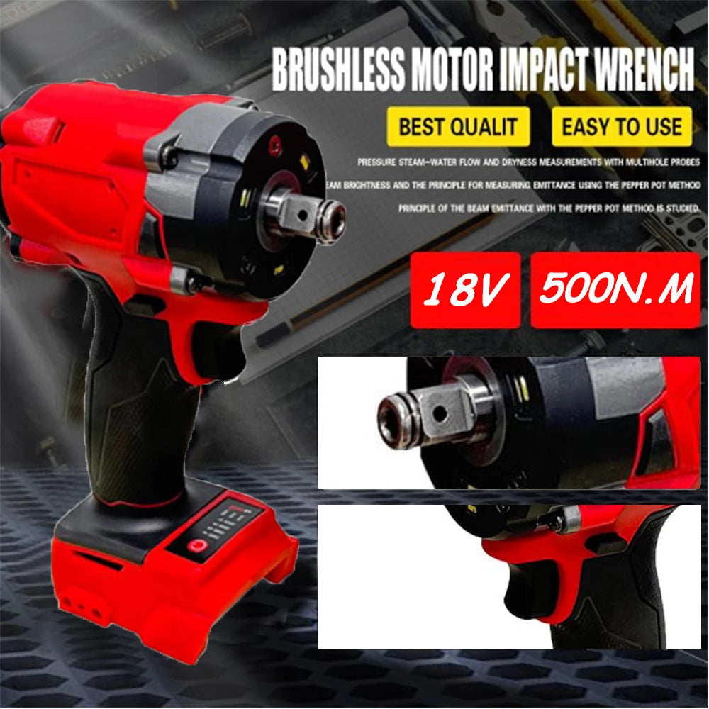 500N.m (370ft-lbs) Brushless Impact Wrench 1/2" Cordless Electric Gun Compatible Milwaukee 18V Battery Tool