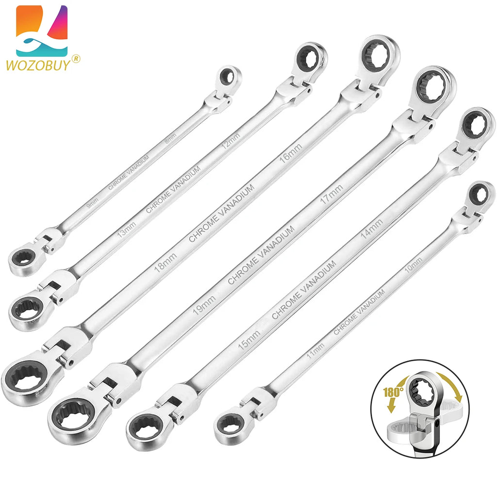 Extra Long Flex-Head Ratcheting Double Box End Wrench, Metric 8-19mm
